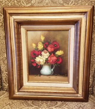 Antique Small Floral Oil Painting Of Roses On Canvas/wood Panel Signed By Artist