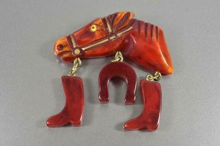 Root Beer Color Bakelite Horse Pin Glass Eye Hand Painted Eye And Bridle