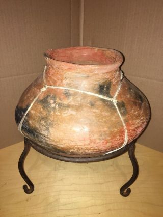 Large Vintage 70’s Tarahumara Indian Clay Leather Pottery Iron Stand Decor Vase