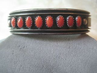 Vintage Native American Navajo Sterling Cuff Bracelet W Red Coral Signed Mj