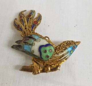 Antique Chinese Gilt Silver Filigree Enamel Bird Of Paradise Pendant Pin