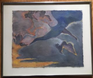 Vintage Mid Century Modern Abstract Watercolor Painting Framed Signed