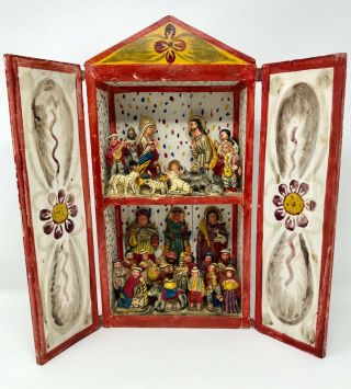 Vintage Mexican Hand Painted Folk Art Nativity Scene 2 Story Shadow Box W.  /doors