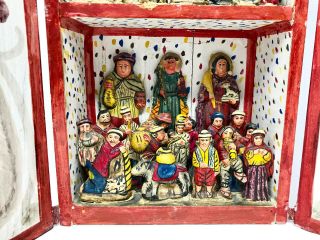 Vintage Mexican Hand Painted Folk Art Nativity Scene 2 Story Shadow box w.  /doors 3