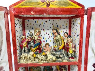 Vintage Mexican Hand Painted Folk Art Nativity Scene 2 Story Shadow box w.  /doors 4