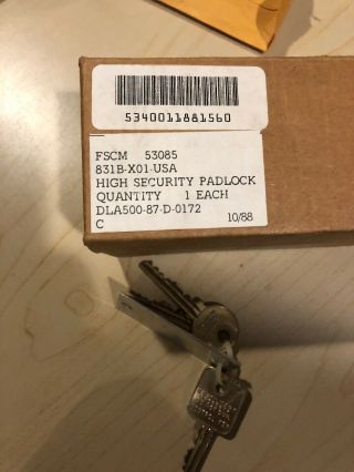 Rare 1988 Sargent & Greenleaf S&G High Security Padlock Model 831B - M1 W/3 keys 7