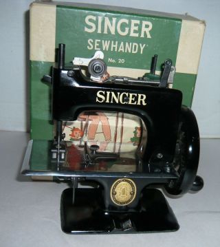 VINTAGE SINGER CHILDS SEWING MACHINE MODEL NO.  20 W/BOX,  CLAMP,  NEEDLE 2