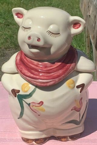 Htf Vintage Shawnee Smiley Farmer Pig Cookie Jar W/ Tulips No Defects
