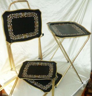 Cal Dak Black White & Gold Leaf Metal Tv Trays On Metal Stand,  Vintage Set
