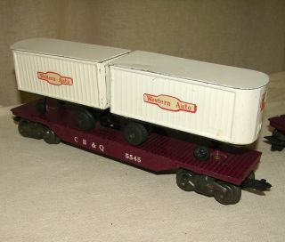 Vintage Marx O - Scale CB&Q FLATCAR 5545 w/ Western Auto Piggyback TRAILERS 2