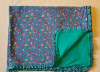 Vtg Gymboree Baby Girl Blanket Blue Green Flower Floral Print Ruffle Trim 1990 