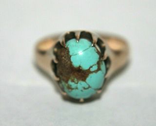Vintage Antique Solid 10k Yellow Gold Turquoise Cabochon Ring Sz 9.  75