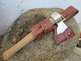 Vintage Set Carbon Steel Axe Hatchet With Leather Sheath Hache Very Good Blade