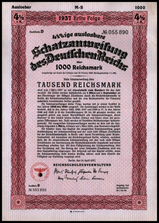 1937 Nazi Germany 10 Year 1000 Rm Treasury Bill Third Reich Finance Wysiwyg Vf,