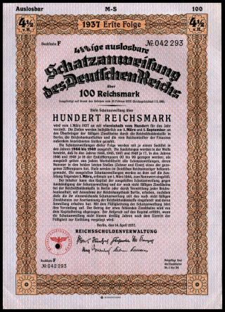 1937 Nazi Germany 10 Year 100 Rm Treasury Bill Third Reich Finance Wysiwyg Vf,