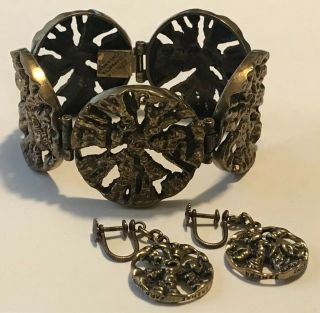 Vintage 2pc Set Pentti Sarpaneva Finland Bronze Bracelet & Screw Back Earrings