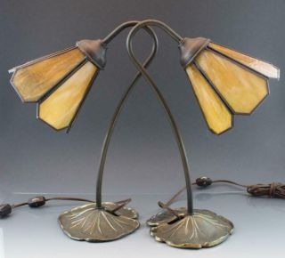 Pair Vintage Bronze Patina Lily Pad Base Table Lamps W/ Slag Glass Shades