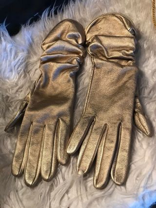 Neiman Marcus 13” Long golden Leather Opera Gloves Size 8 Silk Lined. 4