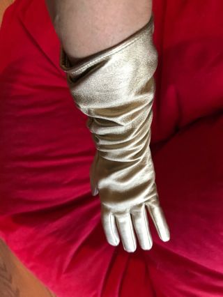 Neiman Marcus 13” Long golden Leather Opera Gloves Size 8 Silk Lined. 8