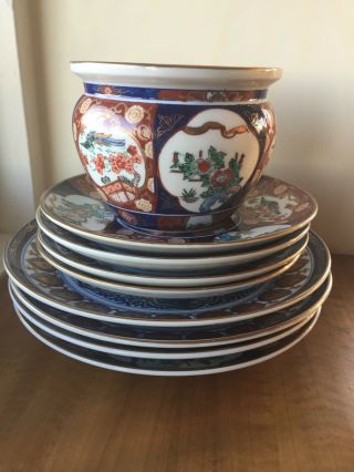 Vintage Hand Painted Gold Imari 8 Charger Plates And Vase