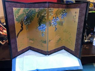 Vintage Chinese Painted Silk Screen 4 - Panel Divider (painting,  Signed) 31” X 17”