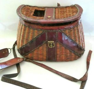 Vintage Antique Fishing Creel Basket,  Wicker & Leather,  Cabin Lodge Decor
