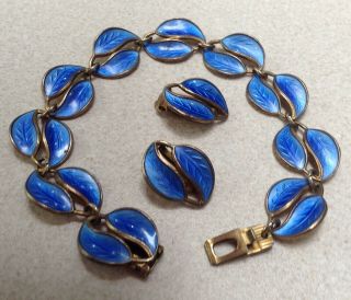 Bracelet & Earrings David Andersen Blue Enamel Double Leaf Sterling Norway