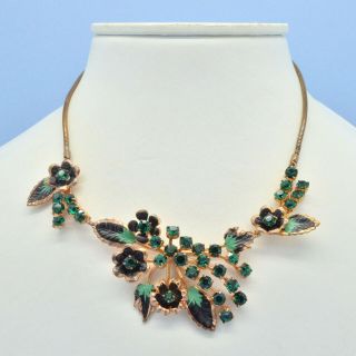 Vintage Necklace 1950s Green Black Enamel Flowers Crystal Goldtone Jewellery