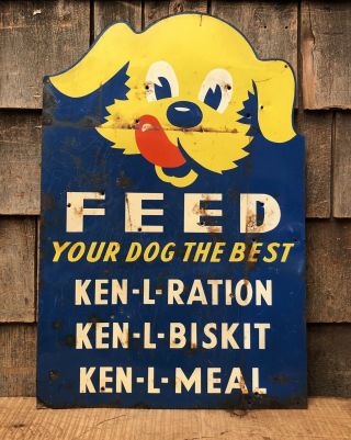 Vintage 50s Ken - L Ration Feed Your Dog The Best Feeds Pet Store Die Cut Sign