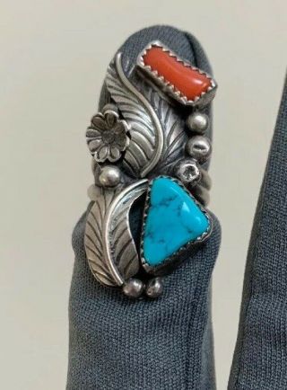 Vintage Old Pawn Navajo Sterling Silver Turquoise Coral Ring Sz 6 3/4 Signed Km