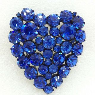 Signed Weiss Vintage Puffed Heart Brooch Pin Bright Blue Rhinestone Black Tone