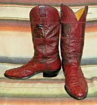 Mens Vintage Nocona Maroon Full Quill Ostrich / Ostrich Cowboy Boots 10 D Vgc