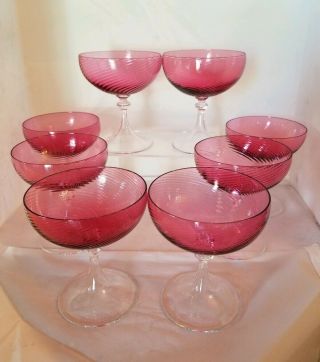 Vintage Venetian Cranberry Swirl Glass Champagne Goblet Set Of 8 - Rare - Moser