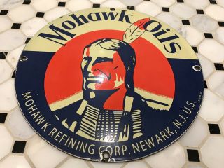 Vintage Mohawk Gasoline Porcelain Sign Gas Station Pump Plate Motor Oil Lubester