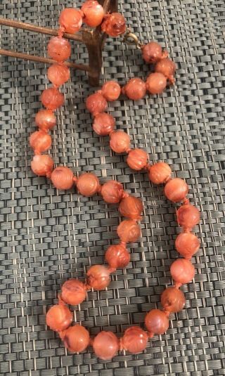 Antique Art Deco Chinese Carved Carnelian Shou Bead Beaded Necklace