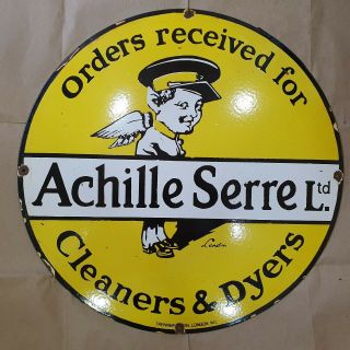 Achille Serret Cleaners & Dyres Vintage Porcelain Sign 24 Inches Round