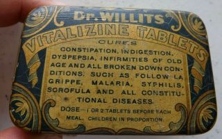 Antique Vintage Dr.  Willits Vitalizine Tablets Tin Box Full W/ Ad Flyer