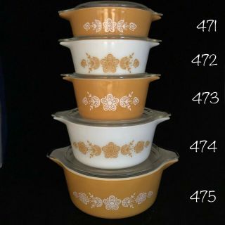 Vintage Set 5 Pyrex Butterfly Gold Casserole Dishes & Lids 471 472 473 474 475