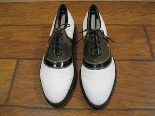 Vintage Footjoy Classic Mens Spiked Golf Shoes White Gray/black Patent Sz.  9.  5d
