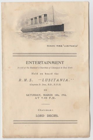 Rare Cunard R.  M.  S.  Lusitania Entertainment Programme March 1914