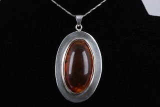 Amber Cabochon Large Oval Stone Set In Sterling Necklace 7171