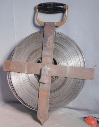 Vintage Brass Nickel Steel LUFKIN Surveyors Measure Tape 300 Feet As Found Reel 2