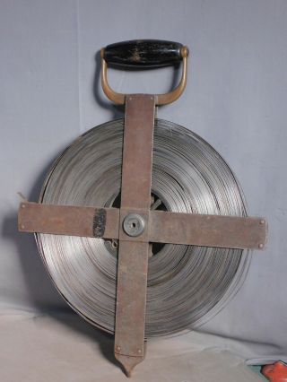 Vintage Brass Nickel Steel LUFKIN Surveyors Measure Tape 300 Feet As Found Reel 7