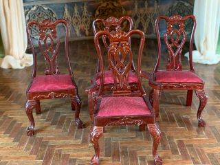 Miniature Dollhouse Vintage Antique Style 4 Carved Back Chairs Red Moire Seats