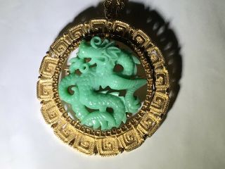 Vintage 3 " Signed Hattie Carnegie Goldtone Faux Jade Dragon Brooch/pendant