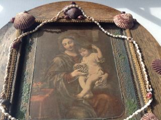 VINTAGE VICTORIAN SAILOR VALENTINE FOLK ART SEA SHELL FRAME MARY JESUS 5