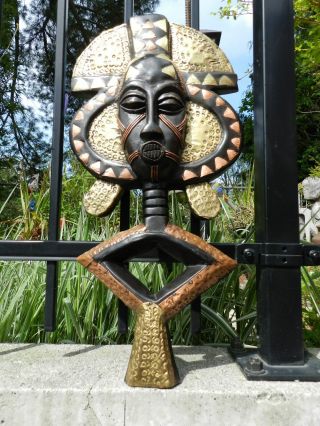 Vintage African Wood Brass/copper,  Kota Face Mask Handcarved Tribal Art,  Large