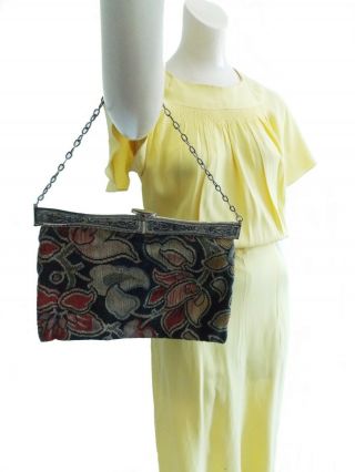 Jemco Art Nouveau floral tapestry purse / Antique 1910s flowers fabric hand bag 2