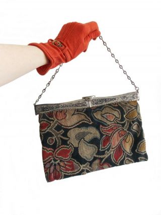 Jemco Art Nouveau floral tapestry purse / Antique 1910s flowers fabric hand bag 7
