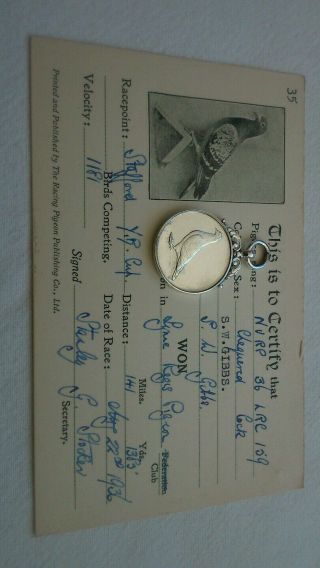 Antique Sterling Silver Pigeon Racing Medal Trophy Clock Lyme Regis Club,  Card